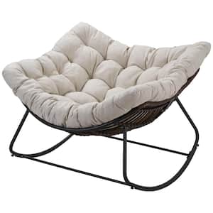 Black Metal Oversized Outdoor Rocking Chair Papasan Chair with Padded Beige Cushions
