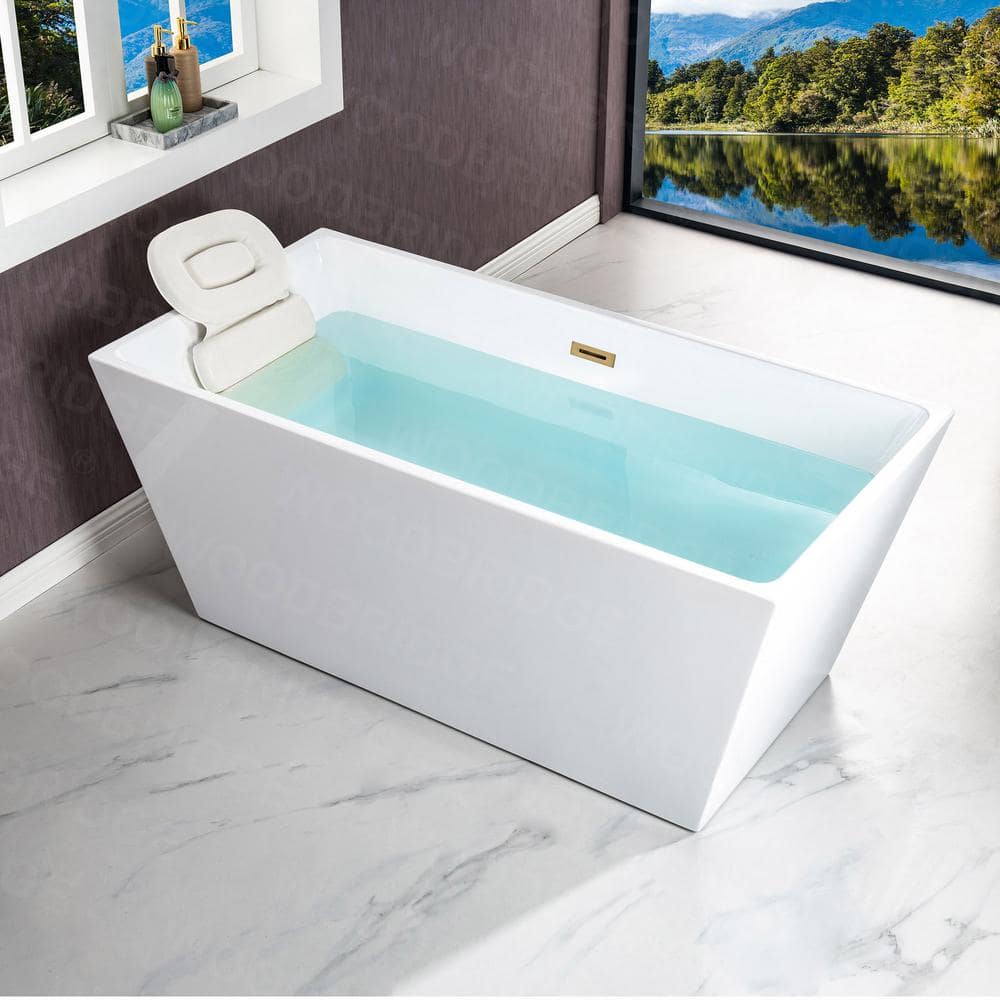 59'' White Acrylic Freestanding Rectangular Bathtub with Brushed Gold Trim