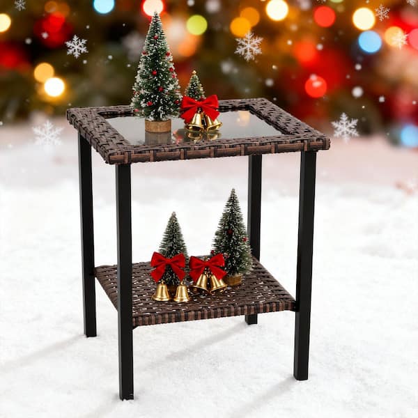 Multi-Brown PE Wicker 22 in. Outdoor Patio Square Side Table with Glass Top and Shelf Storage