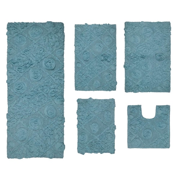 Modesto Bath Rug 100% Cotton Bath Rugs Set, 5-Pcs Set with Contour, Blue