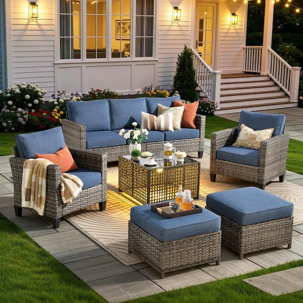 New Vultros Gray 6-Piece Wicker Patio Conversation Set with Denim Blue Cushions and Solar LED Coffee Table