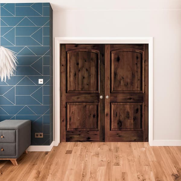 60 in. x 80 in. Knotty Alder 2 Panel Universal/Reversible Red Mahogany Stain Wood Double Prehung Interior Door