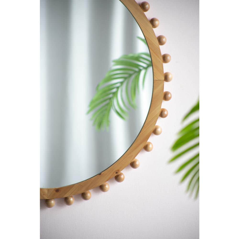 34 in. Round Natural Fir Wood Bathroom Vanity Mirror with Beaded Accents