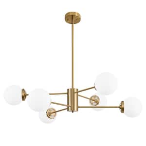 Modern 6-Light Vintage Gold Chandeliers Sputnik Mid Century Ceiling Light Fixture with Glass Shade Height Adjustable