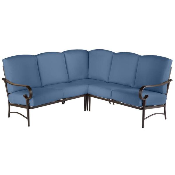 Hampton Bay Oak Cliff Brown 3-Piece Steel Outdoor Patio Sectional Sofa with CushionGuard Sky Blue Cushions
