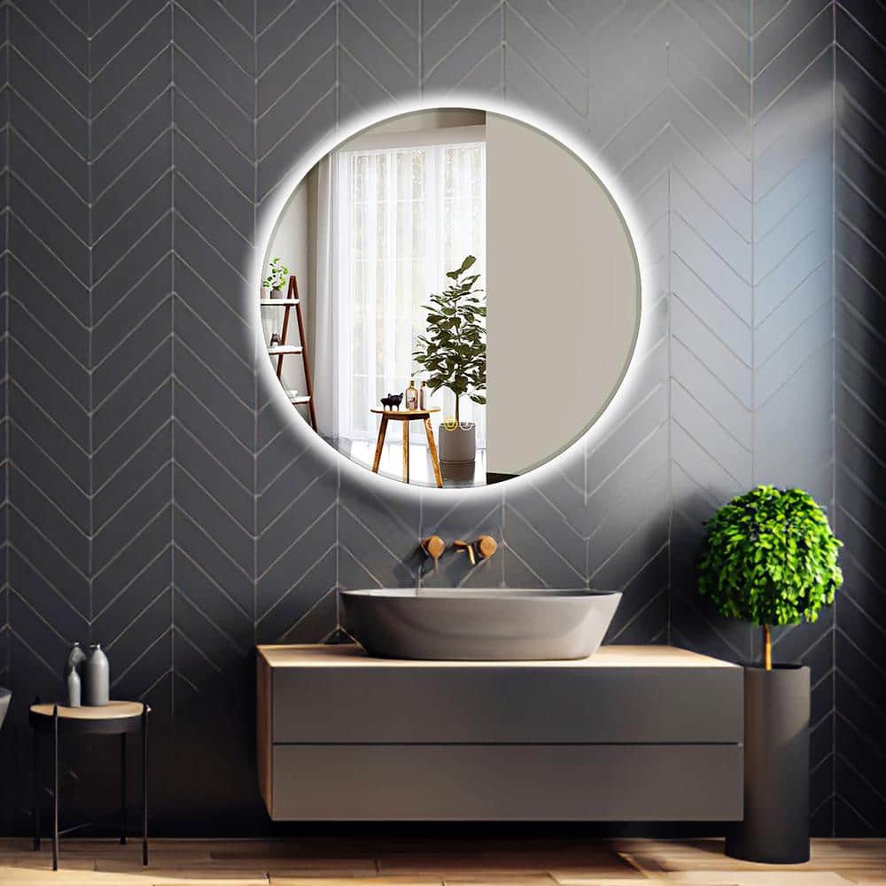 HBEZON RS 28 in. W x 28 in. H Round Beveled Edge 3 Colors Dimmable LED