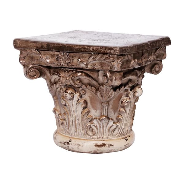 Antique Gold Magnesium and Glass Fiber Column Pedestal with Classic Carved Floral Scrollwork
