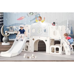 6.2 ft. Indoor Outdoor White and Gray 8-in-1 Astronaut Toddler Slide Set for Age 1-3, Kids Slide Climber Playset