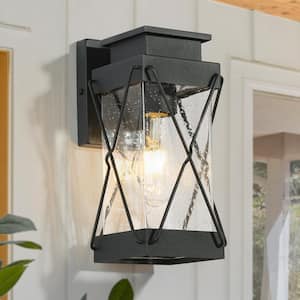 11 in. 1-Light Modern Farmhouse Black Outdoor Light Wall Lantern Sconce with Clear Seeded Glass (1-Pack)