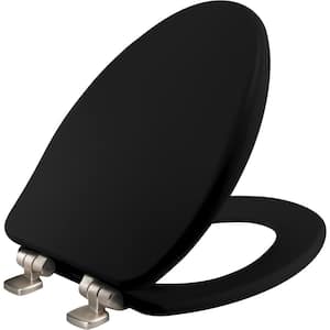 Alesio Never Loosens Slow Close Enameled Wood Elongated Closed Front Toilet Seat in Black with Brushed Nickel Hinges