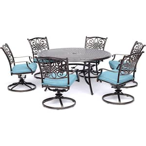 Traditions 7-Piece Aluminum Outdoor Dining Set with 6 Swivel Rockers with Blue Cushions and Cast-Top Table