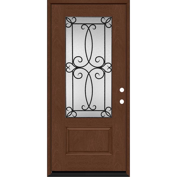 Regency 36 in. x 80 in. 3/4-Lite Georgian Decorative Glass LHIS Chestnut Mahogany Fiberglass Prehung Front Door