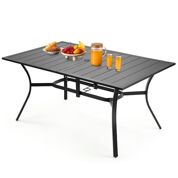 Outdoor Patio Dining Table, 59 in. Long Rectangular Metal Steel Slat, 1.5 in. Umbrella Hole, All-Weather, Large, Black
