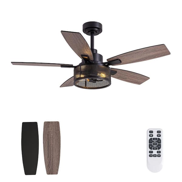 46 in. Indoor Matte Black Layered Caged Ceiling Fan with Light Kit, Five Reversible Blades and Remote Included
