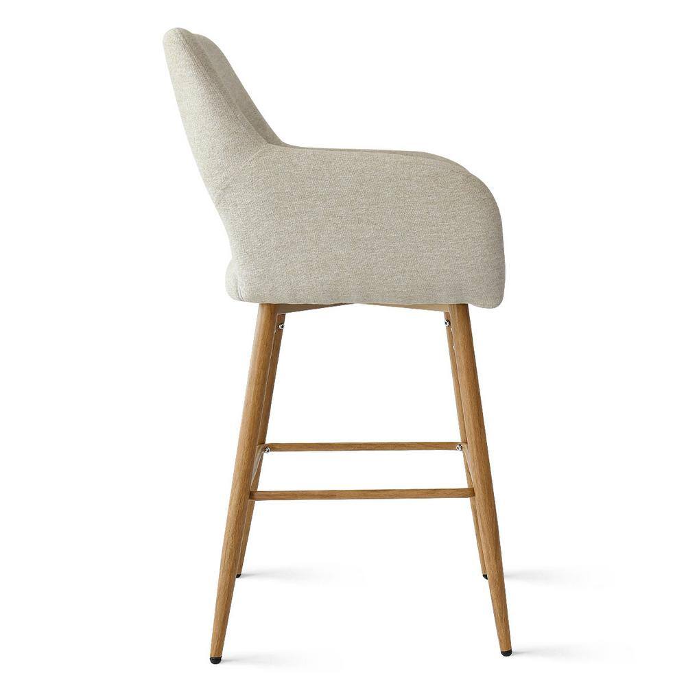 Beige Upholstered Counter Stools with Oak Legs, Set of 2