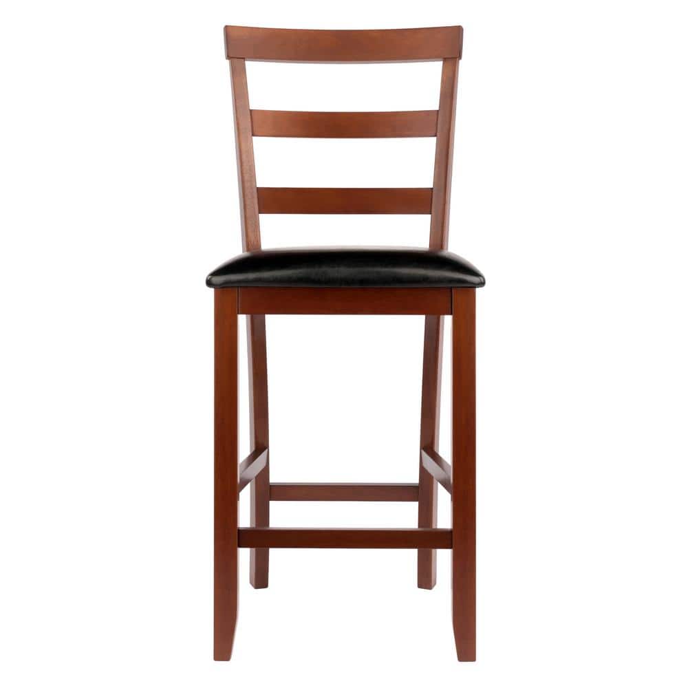 Walnut Wood & Black Leather Transitional Counter Stools, Set of 2