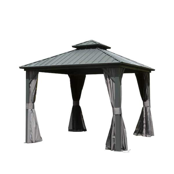 8 ft. x 8 ft. Gray Metal Hardtop Gazebo with Galvanized Steel Double Roof Canopy Curtain and Netting for Patio Deck