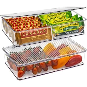 2 Pack Clear Plastic Storage Bins with deviders and Lids for fridge and Pantry Stackable organizer set