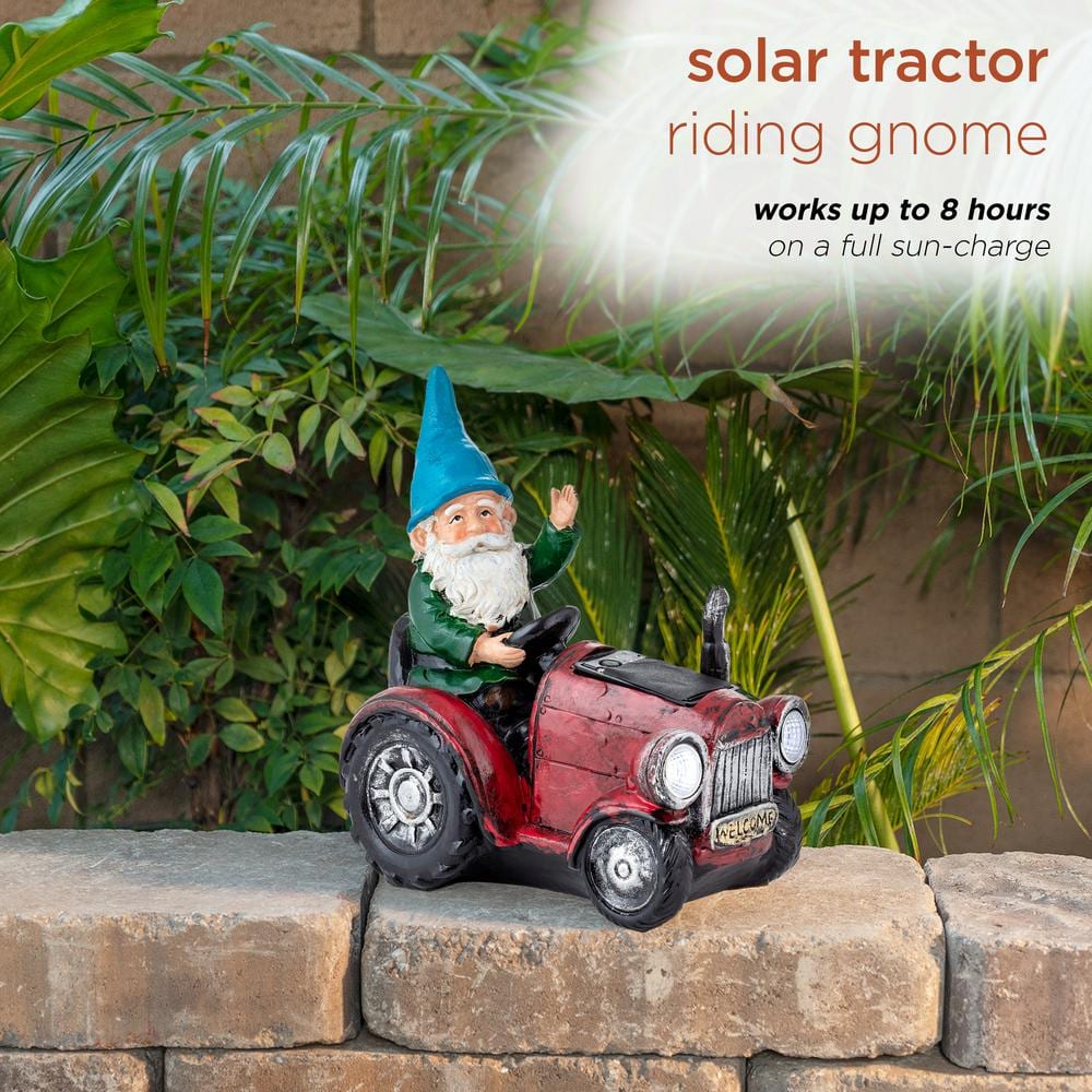 10" Red Polyresin Tractor Riding Gnome with LED Lights
