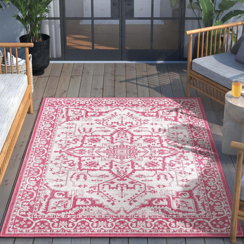 Fuchsia and White Synthetic Flat Woven 5' x 7' Area Rug