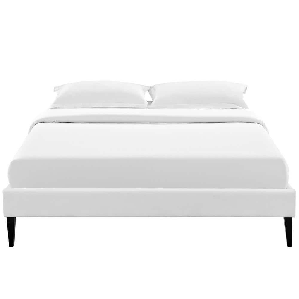 Sleek White Queen Platform Bed with Faux Leather Upholstery
