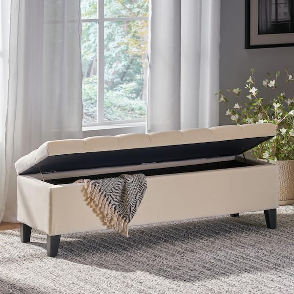Ivory Tufted Fabric Storage Bench, Benches With Storage For Bedroom