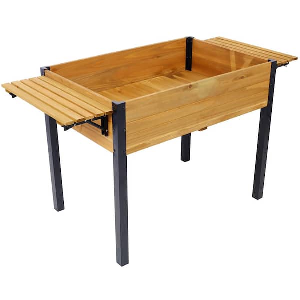 Unbranded 53 in. x 24 in. x 30 in. Brown Wood Raised Garden Bed, Elevated Planter Box with Folding Storage Shelf for Herbs Flowers