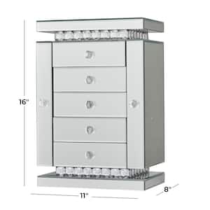 Silver Wood Mirrored 5 Drawers Jewelry Box with Crystal Embellishments