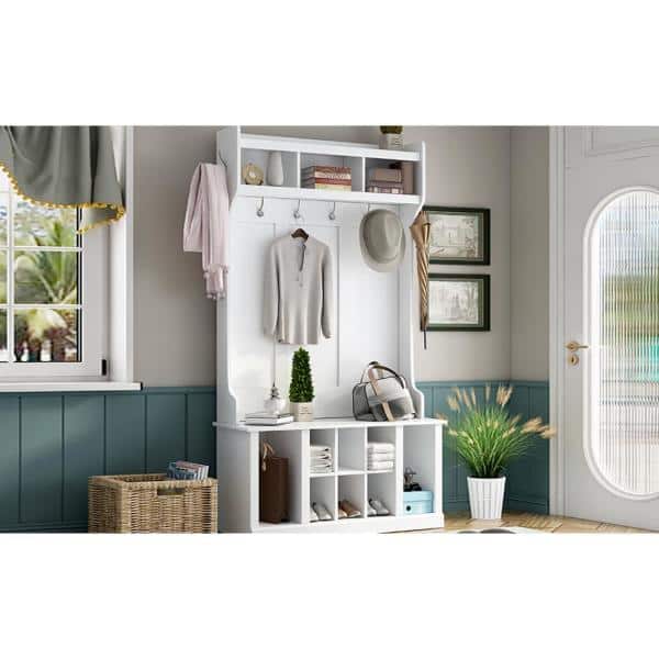 White Solid Wood Hall Tree with Storage and Hooks