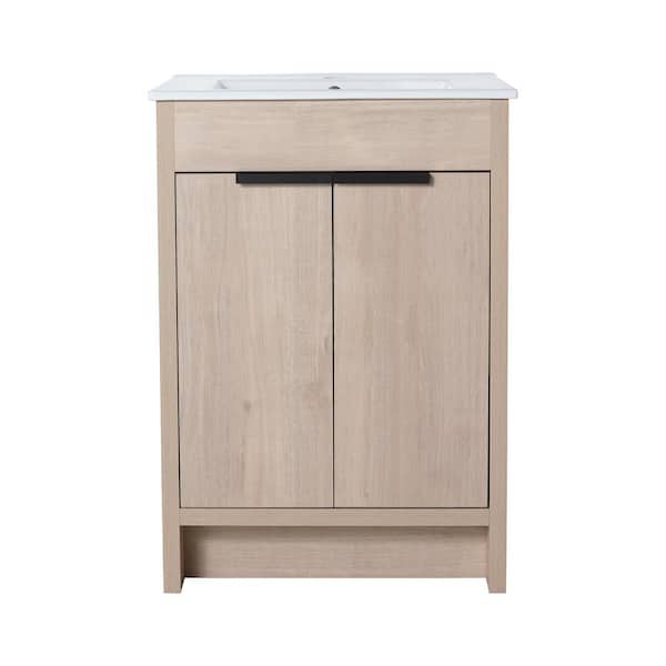 Boosicavelly 23.23 in. W x 17.91 in. D x 33.46 in. H Single Sink Freestanding Bath Vanity in Plain Light Oak with White Ceramic Top