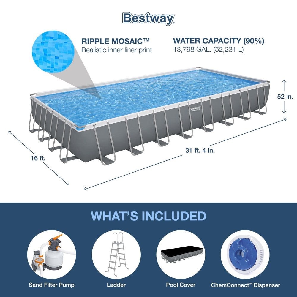 31 ft Gray Rectangular Metal Frame Above Ground Pool Set with Pump and Ladder