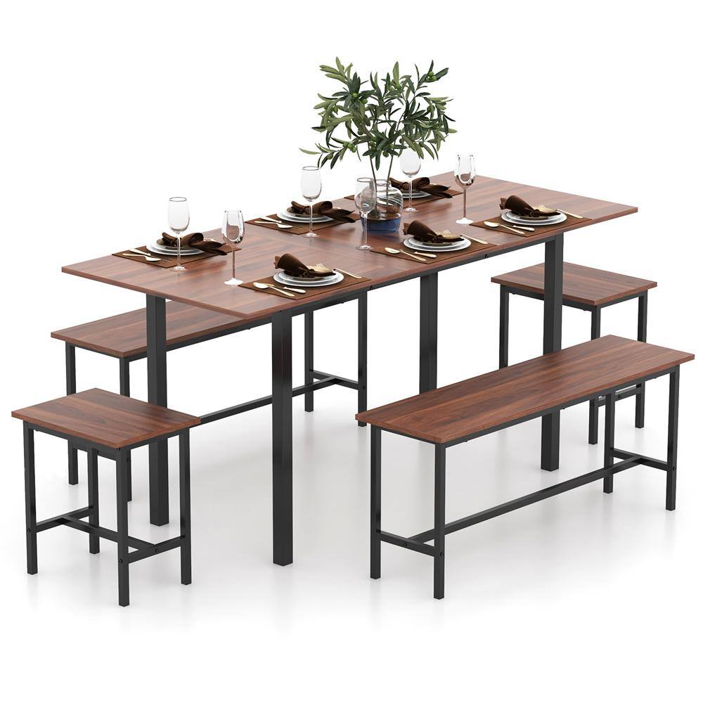 5-Piece Walnut MDF Top Kitchen Dining Table Set with Extendable Table 2 Benches & 2 Stools