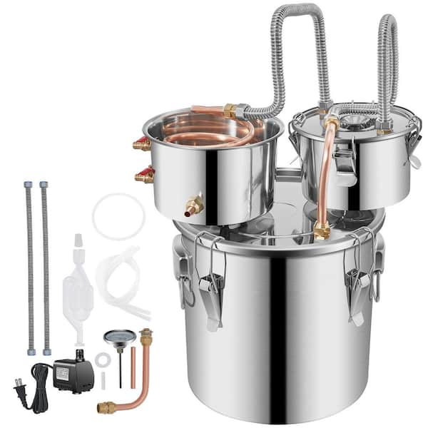 SKYSHALO Alcohol Still, 3 Gallon Stainless Steel Alcohol Distiller with Copper Tube & Build-in Thermometer & Water Pump, Silver
