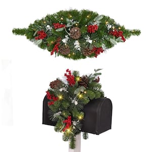 36 in. x 16 in. Green Battery-Operated Pre-Lit Artificial Christmas Swag Mailbox Cover