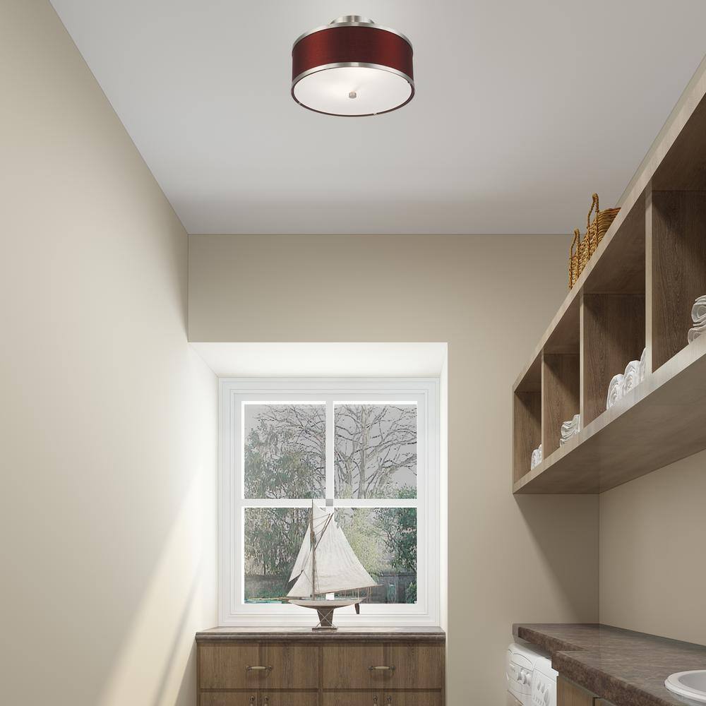 Brushed Nickel 2-Light Semi-Flush Mount with Red Wine Fabric Shade