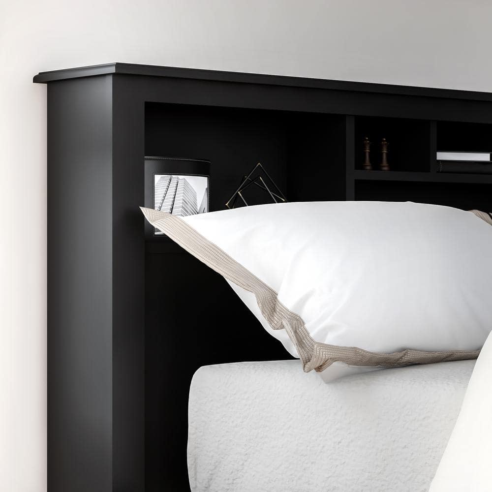 King Black Wood Bookcase Headboard with Storage