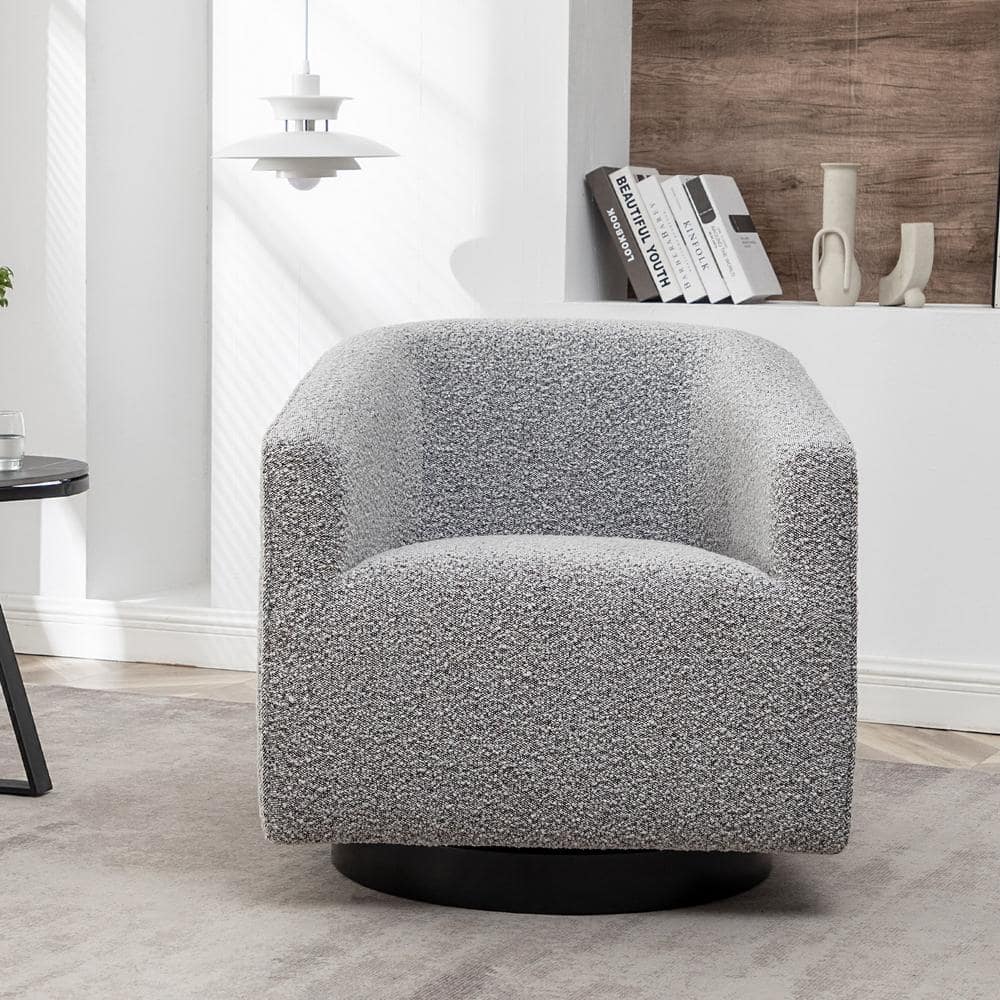 KINWELL Black and White Poly Blend Boucle Upholstered Swivel Barrel ...