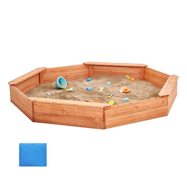 Wooden Sandbox with Cover, 6 ft. W x 6 ft. L, Octagonal Sand Pit, 4 Seats, Bottom Liner, Play Area, Sandbox with Cover