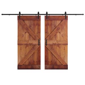 K Series 72 in. x 84 in. Red Walnut DIY Knotty Wood Double Sliding Barn Door with Hardware Kit