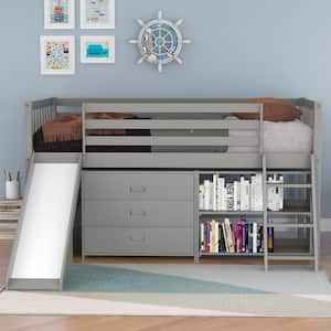 Gray Twin Loft Bed with Slide, Wood Low Loft Bed with Attached Bookcases and Separate 3-Tier Drawers for Kids