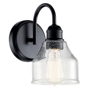 Avery 1-Light Black Industrial Wall Sconce Light with Clear Seeded Glass Shade