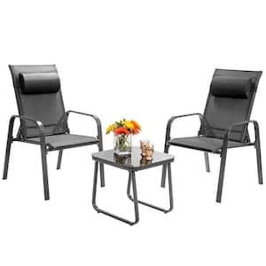 Gray 3-Piece Metal Outdoor Bistro Set with Adjustable Backrest and Gray Pillows
