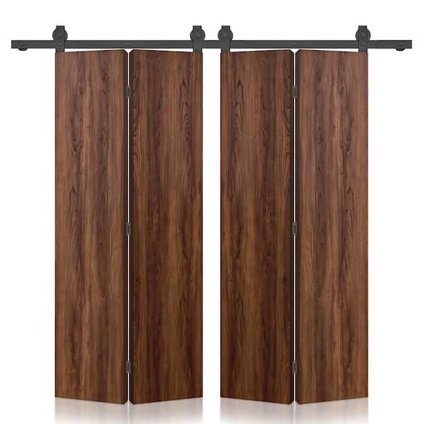 64 in. x 96 in. Hollow Core Walnut Composite Textured Double Bi-fold Door with Sliding Barn Door Hardware Kit