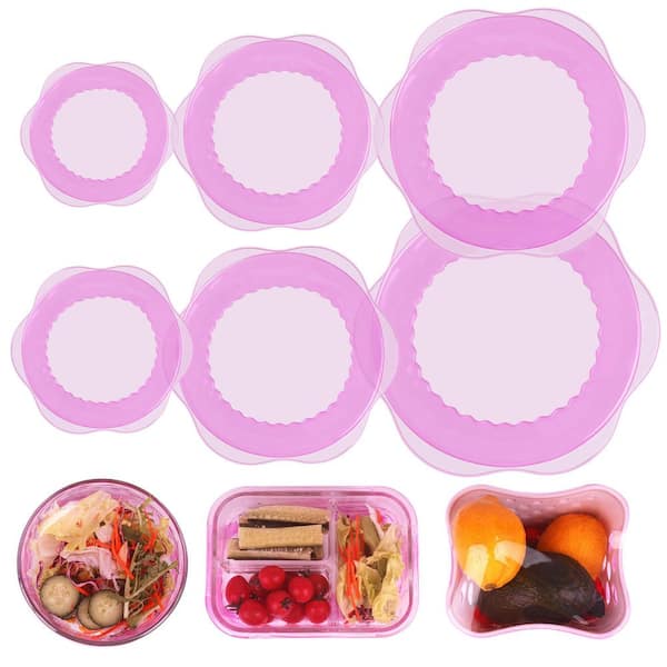 Purple Reusable Silicone Stretch Elastic Food Covers for Bowls, Round, and Rectangle Containers (6-Pack)