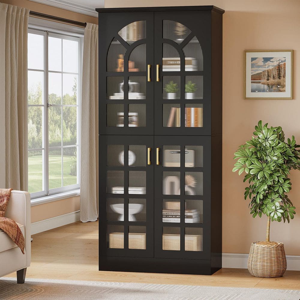 Alan 68.94 in. H Black Wood Storage Cabinet with Doors, LED Lights and Adjustable Shelves for Living Room, Office