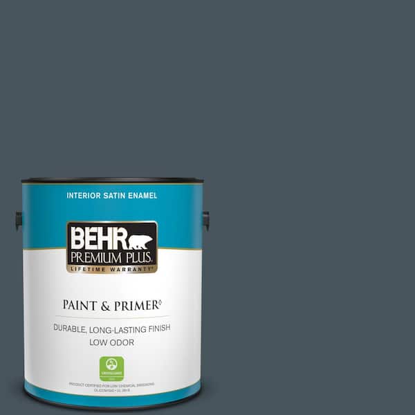 BEHR PREMIUM PLUS 1 gal. #BNC-40 Moody Black Satin Enamel Low Odor Interior Paint & Primer