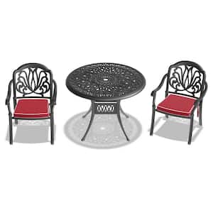 Elizabeth Black 3-Piece Cast Aluminum Outdoor Dining Set with 35.43 in. Round Table and Random Color Seat Cushions
