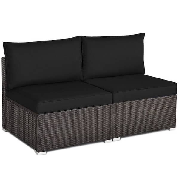 Kadehome (2-Piece) Wicker Outdoor Patio Rattan Armless Sectional Sofa Set with Black Cushions,Aluminium Feet for Patio and Garden