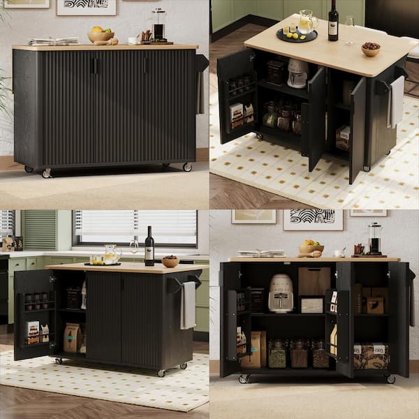 CESICIA Black Wood Base with Wood Top Rolling Kitchen Island (18-in x 51-in x 36-in)