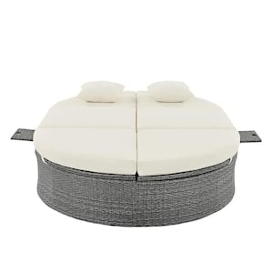 2 Seater Wicker Outdoor Sunbathing Patio Sectional Sofa Bed with Adjustable Backrest, Beige Seat Cushion and Pillows